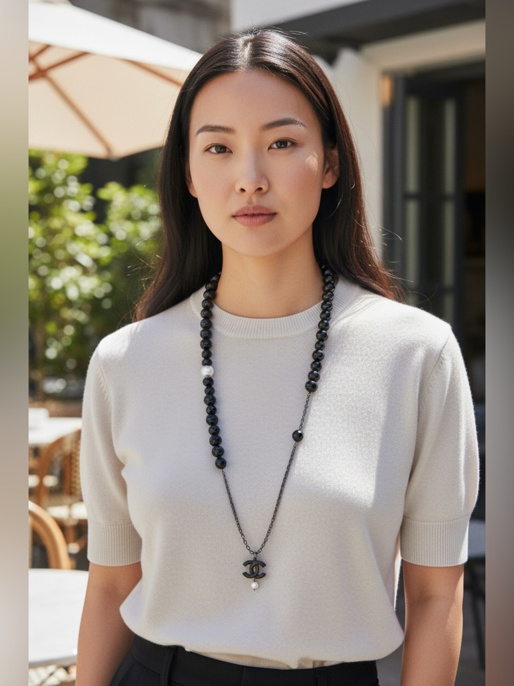 CHANEL Black Bead Necklace with Pearl Accent and Logo Pendant